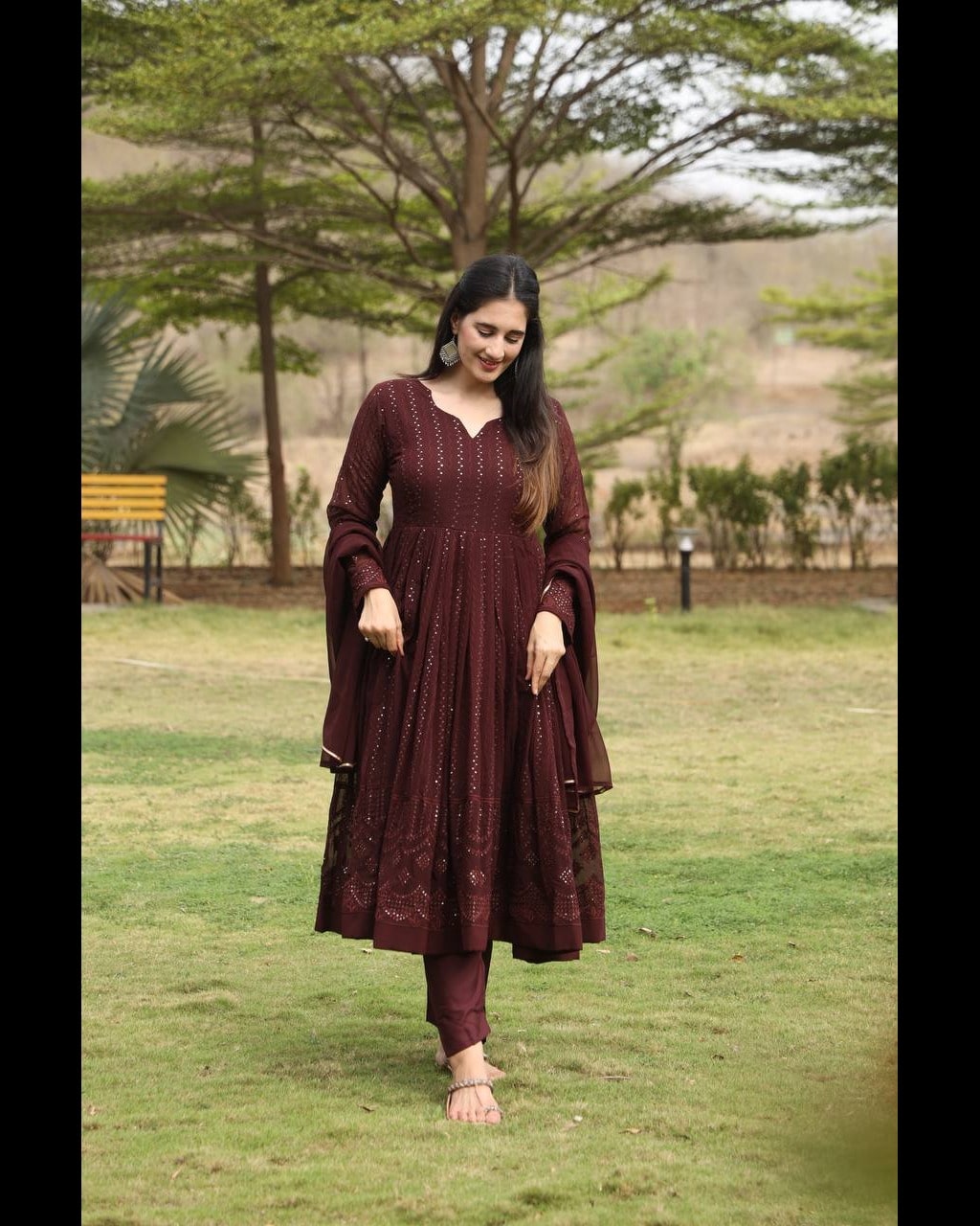 Designer Cofee Anarkali Suit Thread Sequins Embroidery Work