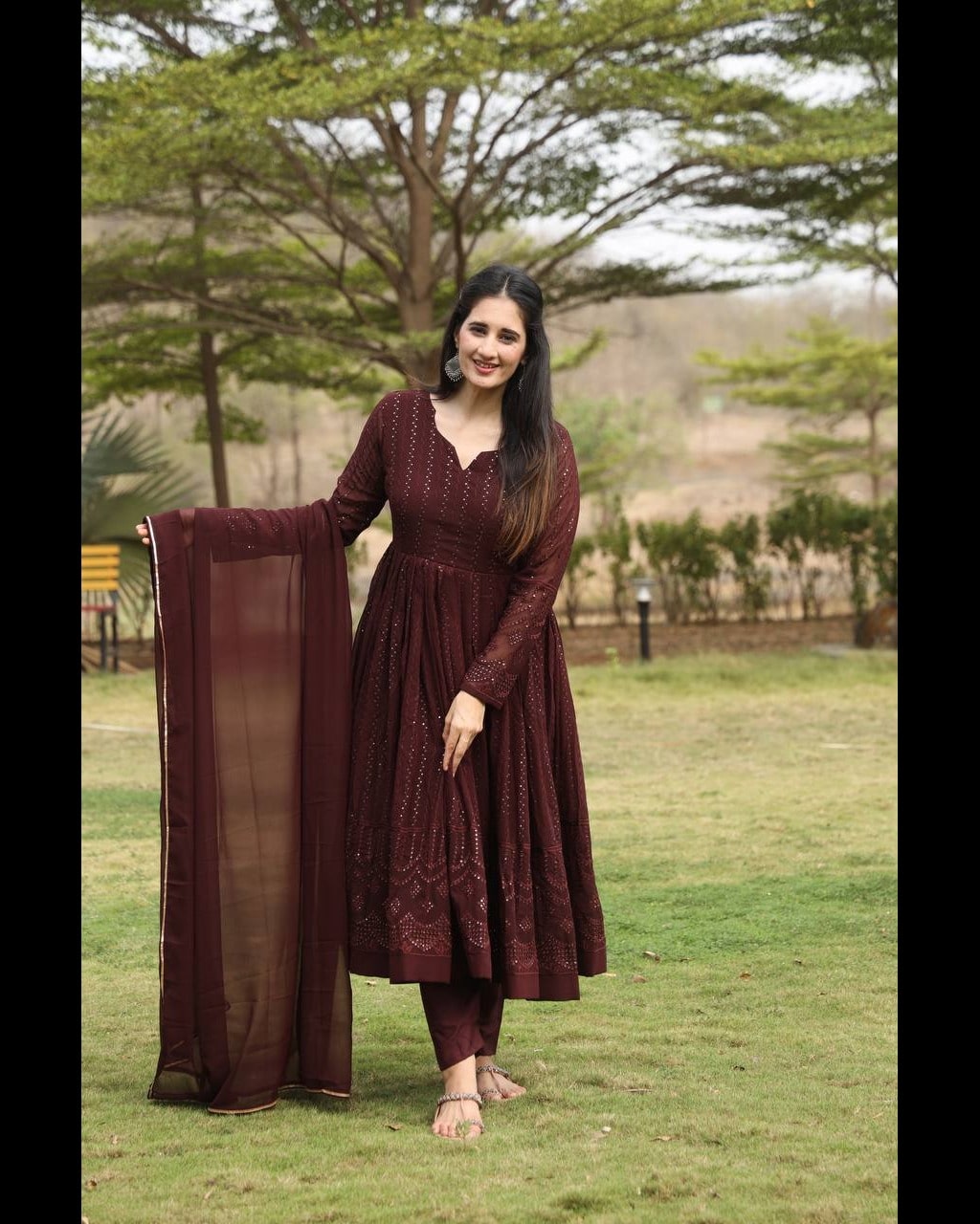 Designer Cofee Anarkali Suit Thread Sequins Embroidery Work