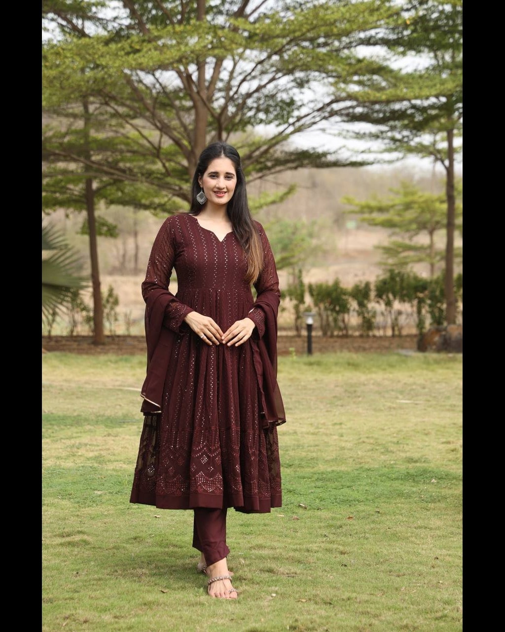 Designer Cofee Anarkali Suit Thread Sequins Embroidery Work