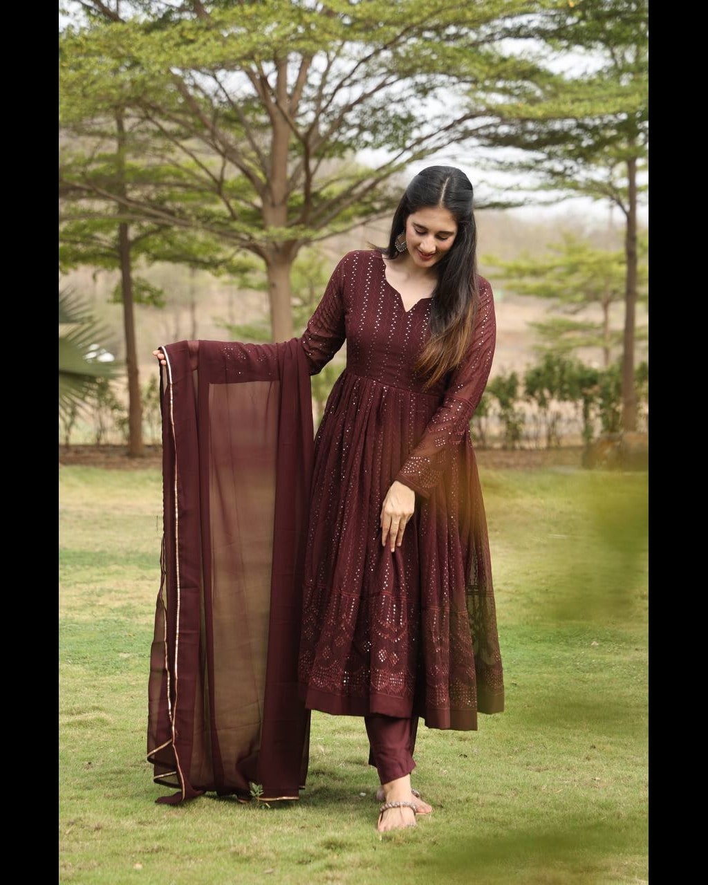 Designer Cofee Anarkali Suit Thread Sequins Embroidery Work