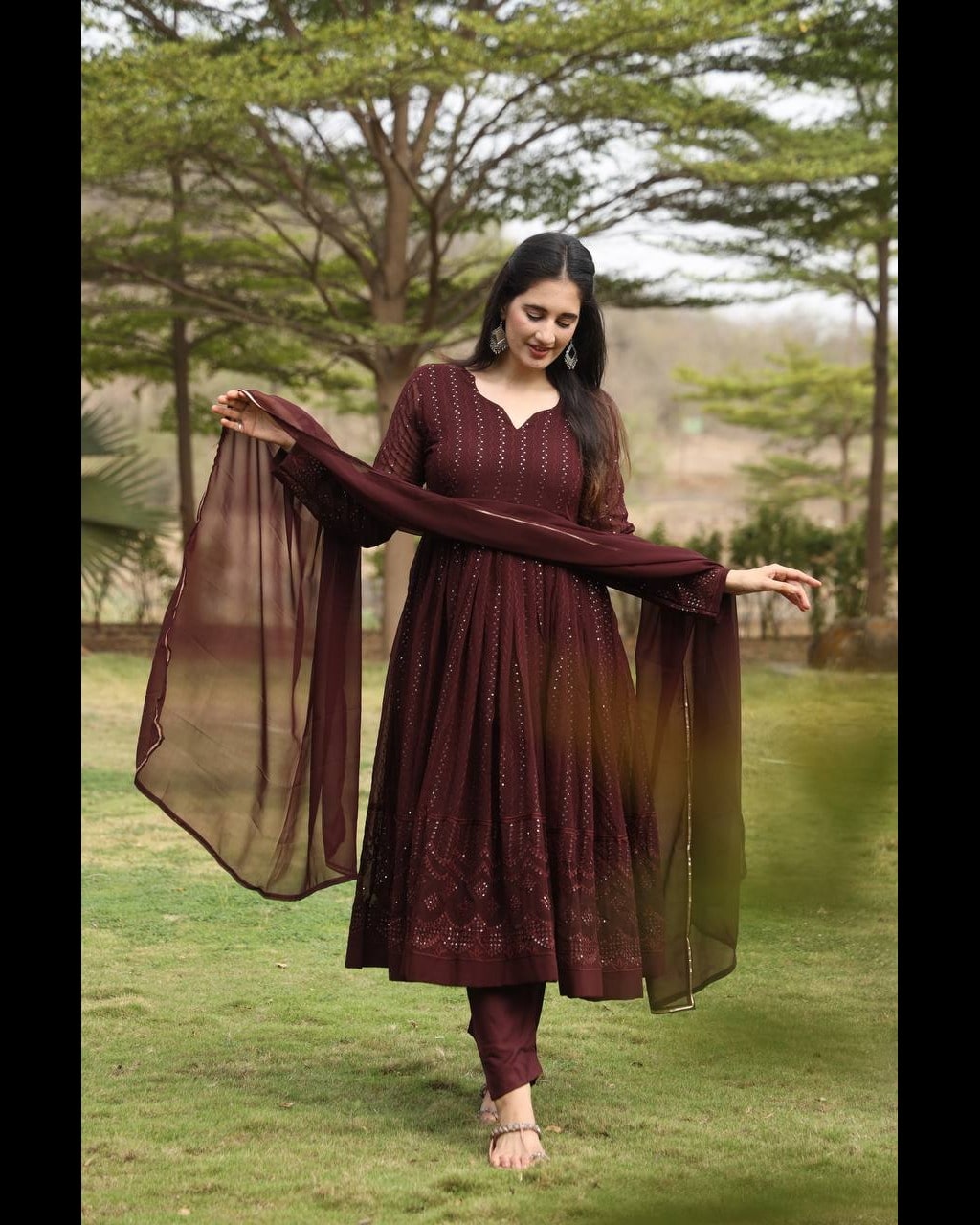 Designer Cofee Anarkali Suit Thread Sequins Embroidery Work
