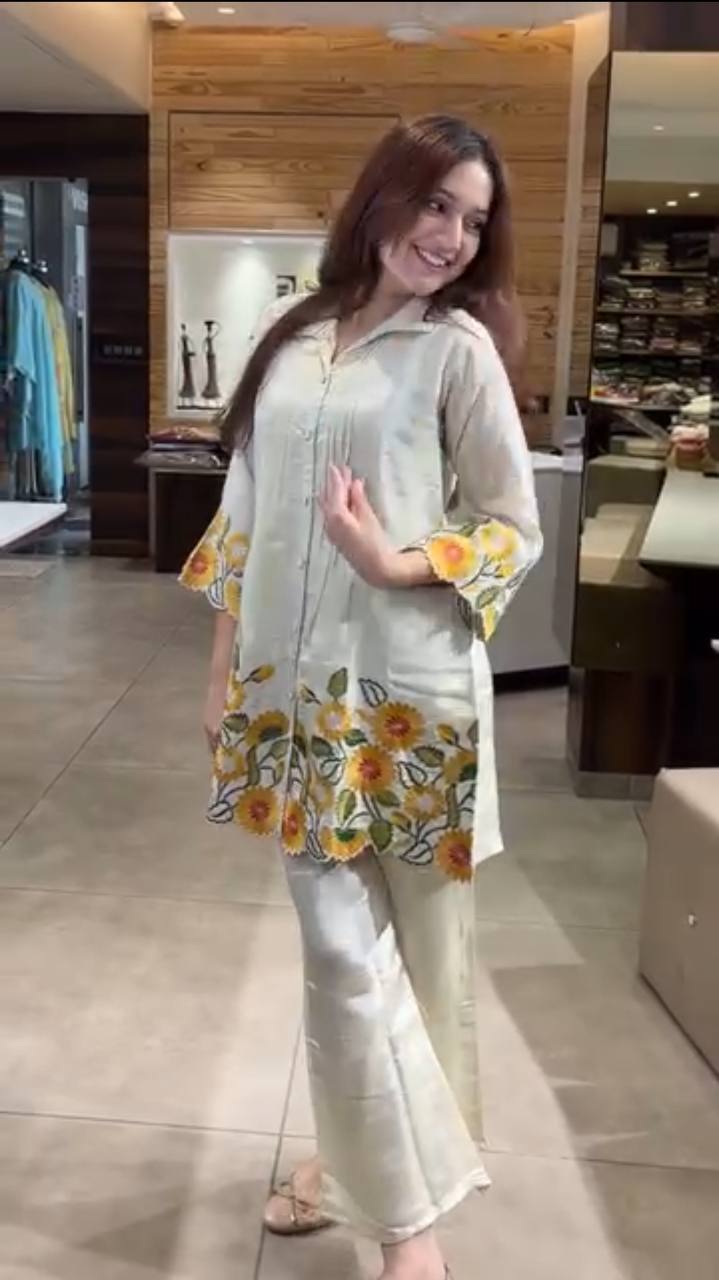 Trendy Off White Co-ord Set with Embroidery for Summer Fashion