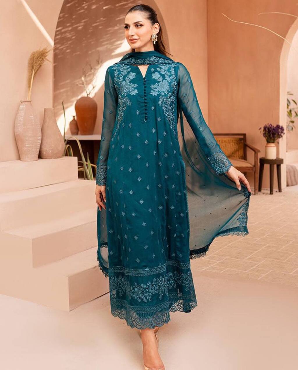 Elegant Rama Embroidered Kurta with Matching Pant & Dupatta