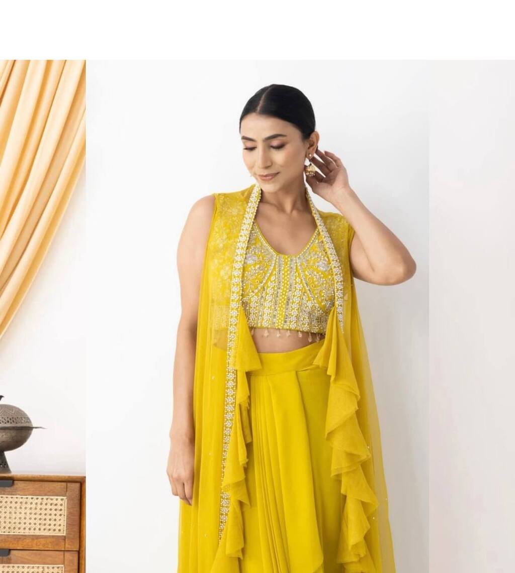 
Yellow heavy hand work georgette blouse dhoti koti set for wedding and festive wear