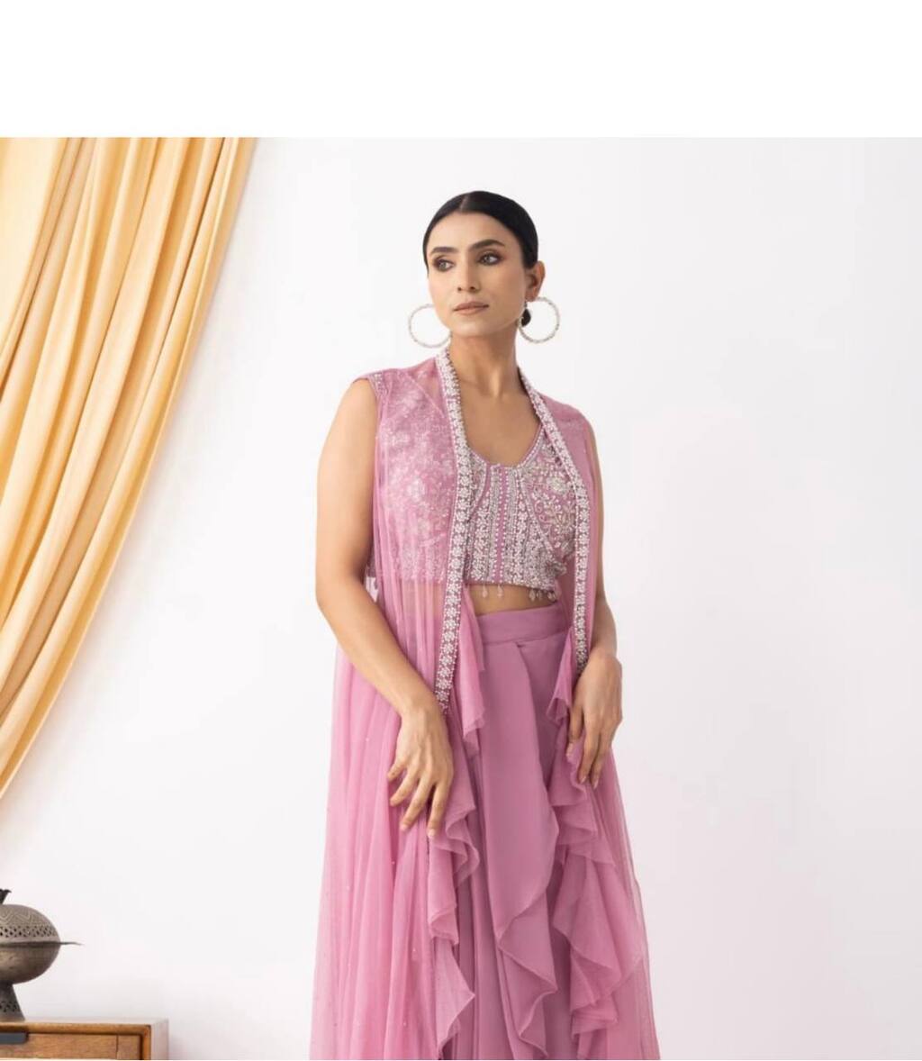 Light Pink Indo Western outfit with heavy hand work in premium georgette fabric