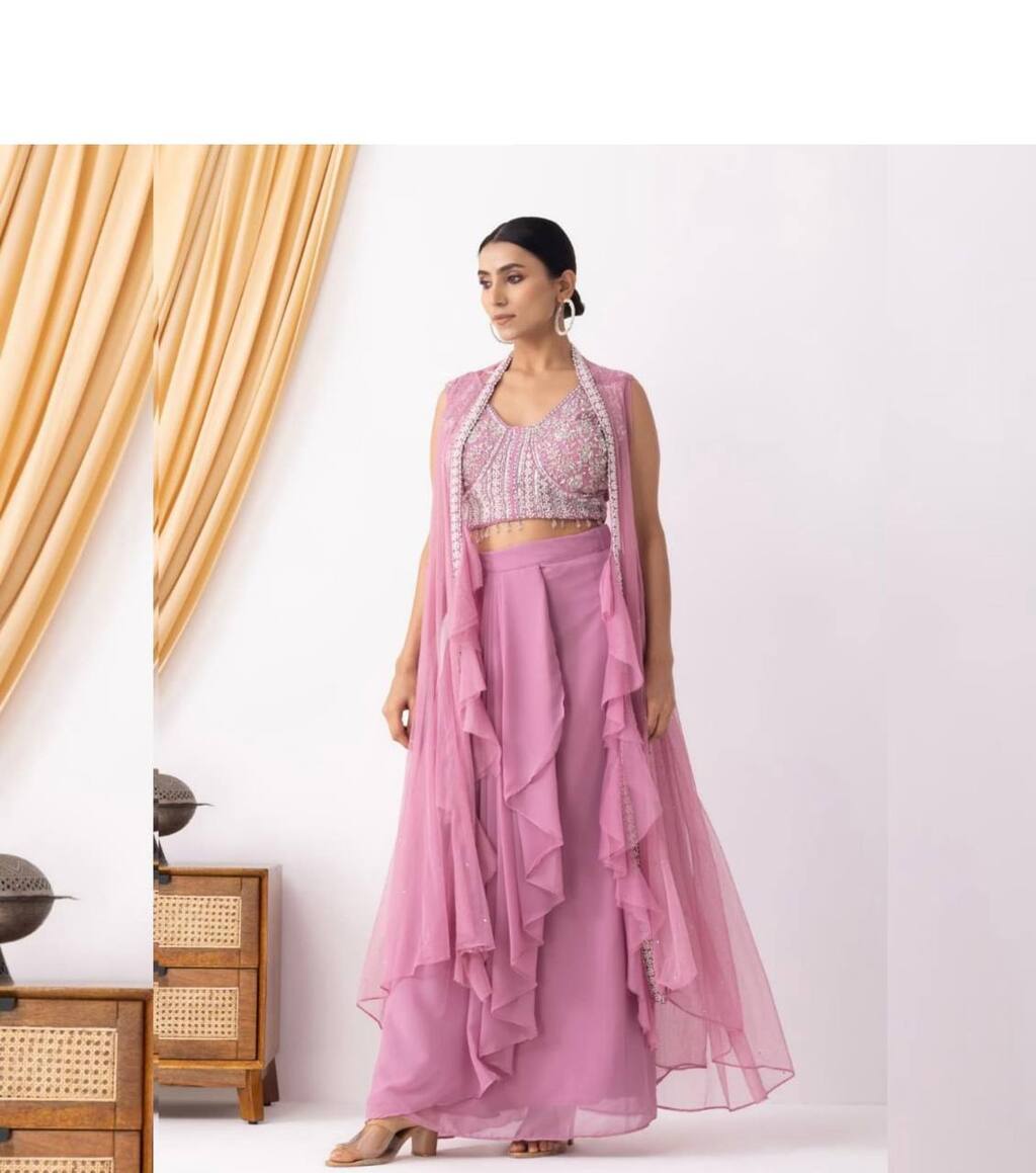 Elegant light pink georgette Indo Western set with luxurious heavy hand embroidery