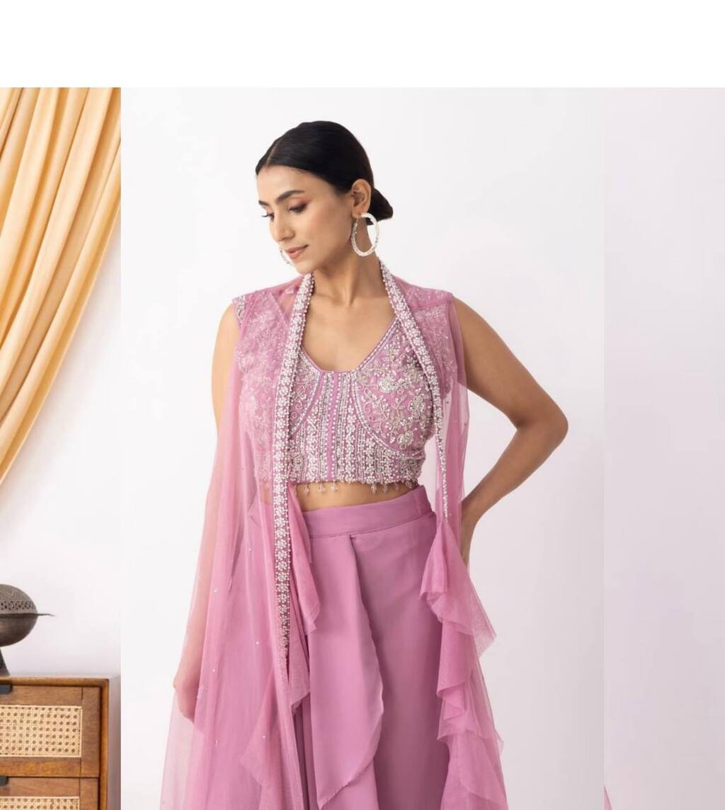 Stylish light pink Indo Western three-piece set with heavy hand work and beads