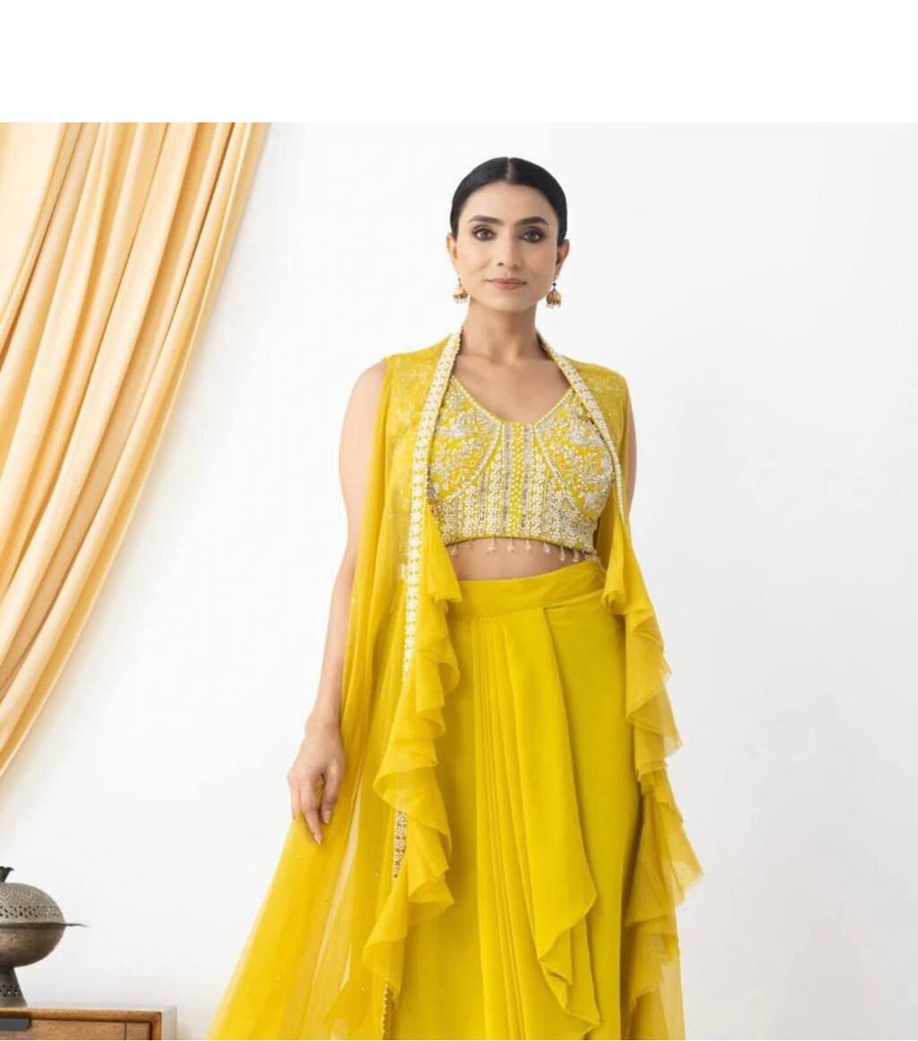 Designer yellow georgette dhoti koti outfit with heavy handwork for special occasions