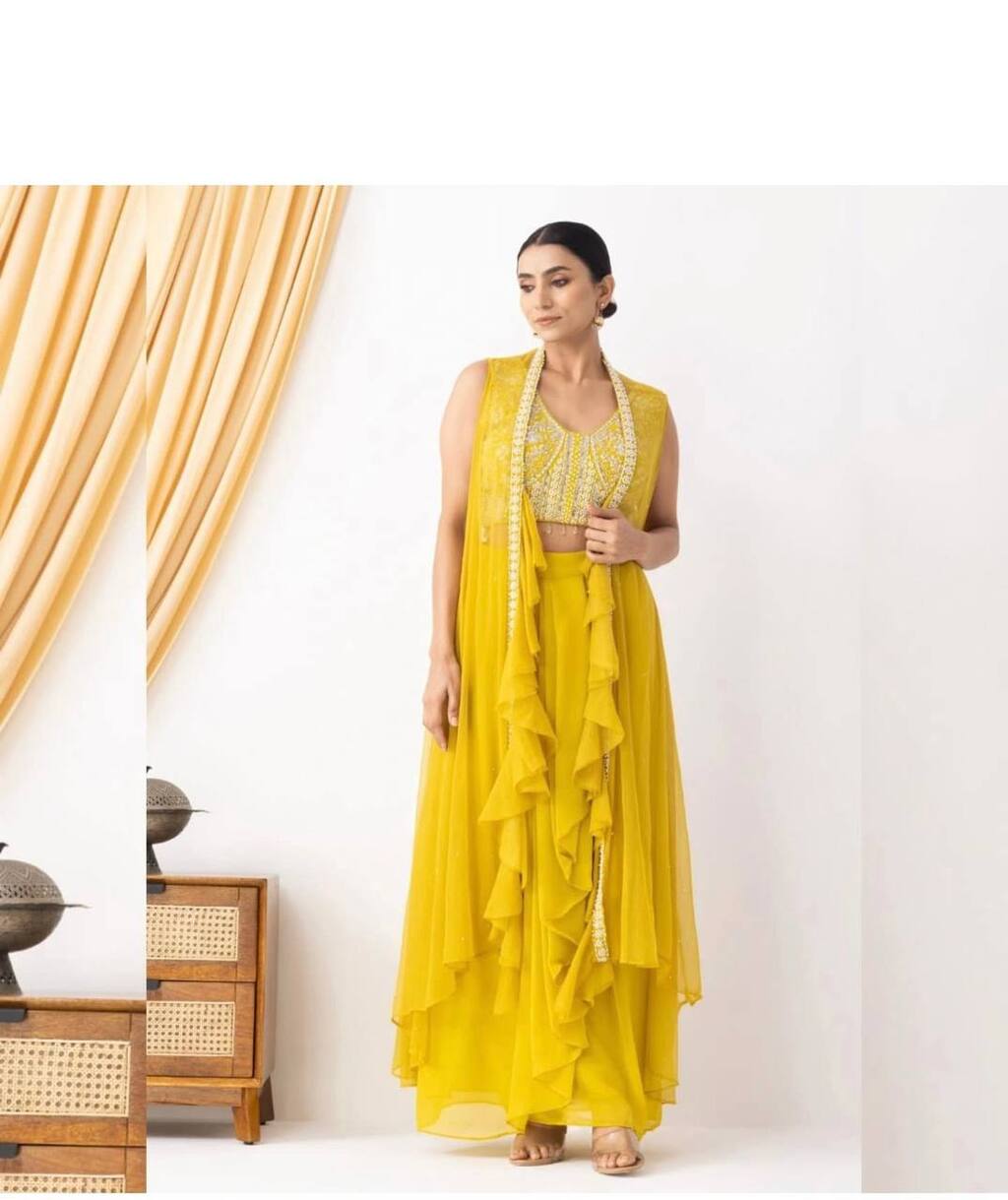 Elegant yellow hand work dhoti koti set in georgette fabric for weddings and events