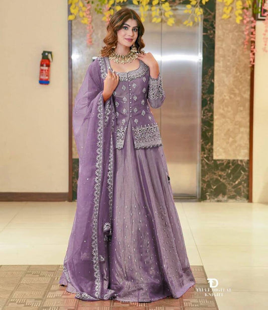 Elegant Dusty Lavender Party Wear Lehenga Dupatta Set
