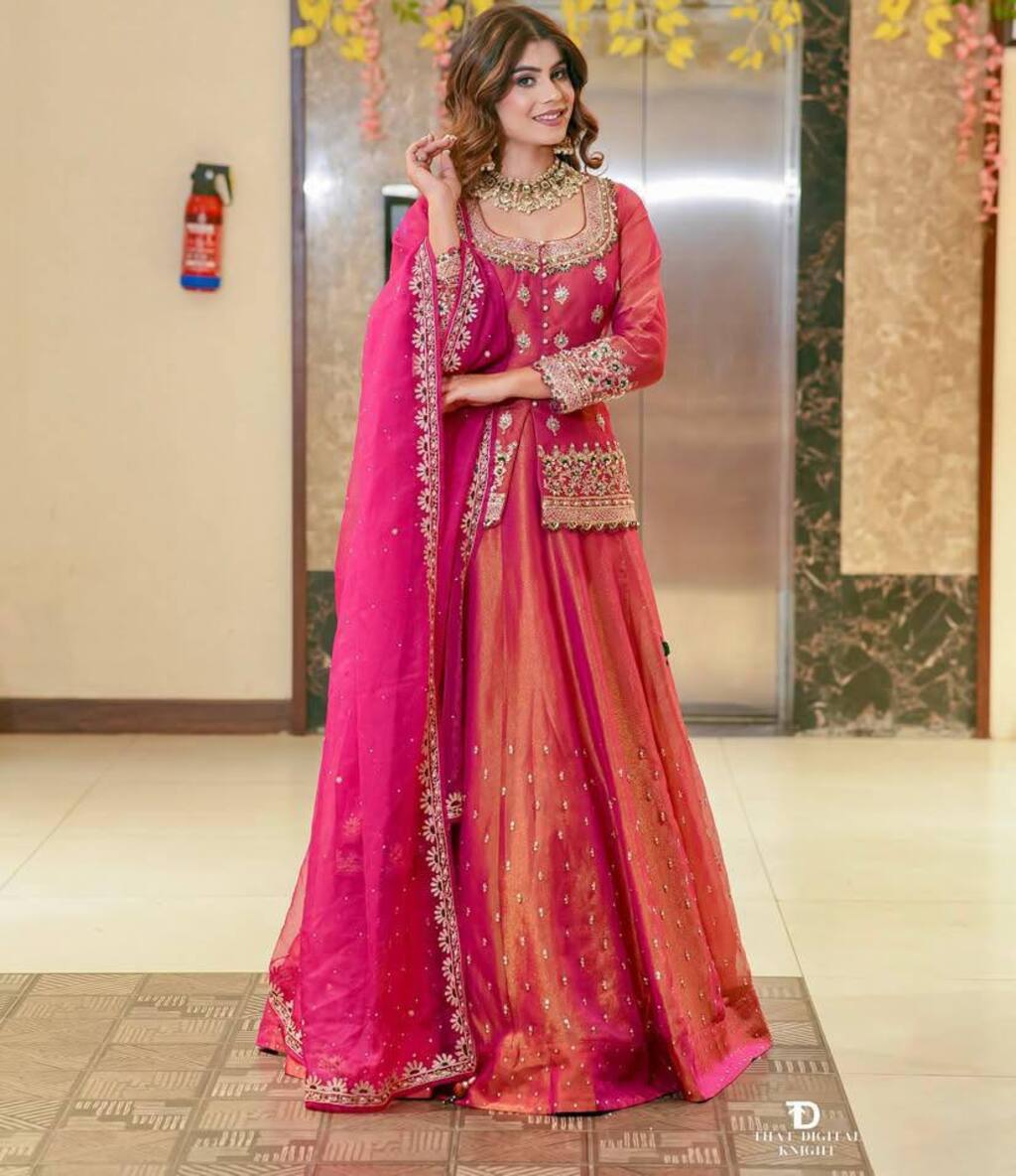 Rani Pink Orange Ombre Shade Party Wear Lehenga Dupatta Set