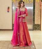 Rani Pink Orange Ombre Shade Party Wear Lehenga Dupatta Set