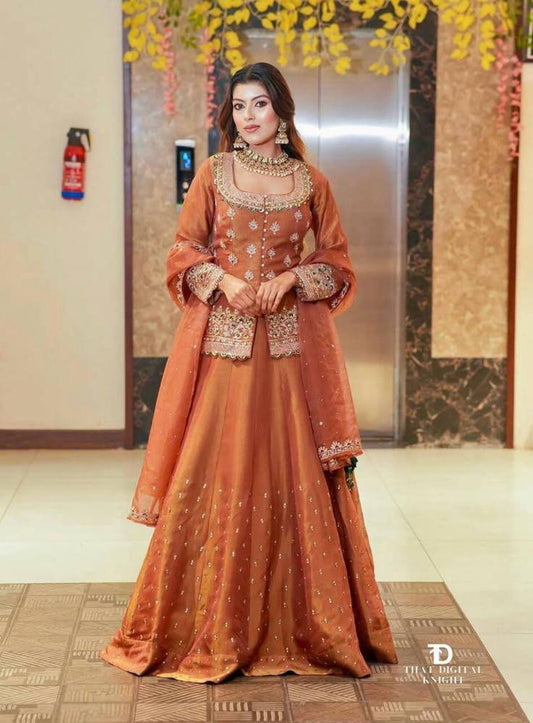 Luxurious Rust Orange Party Wear Top with Lehenga Dupatta Set