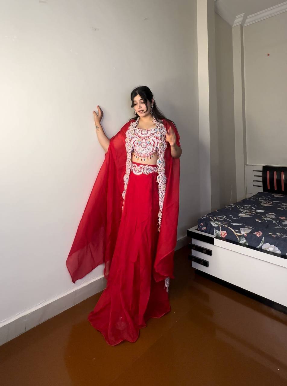 Red heavy sequence embroidery Indo-Western three piece set, perfect for wedding events.