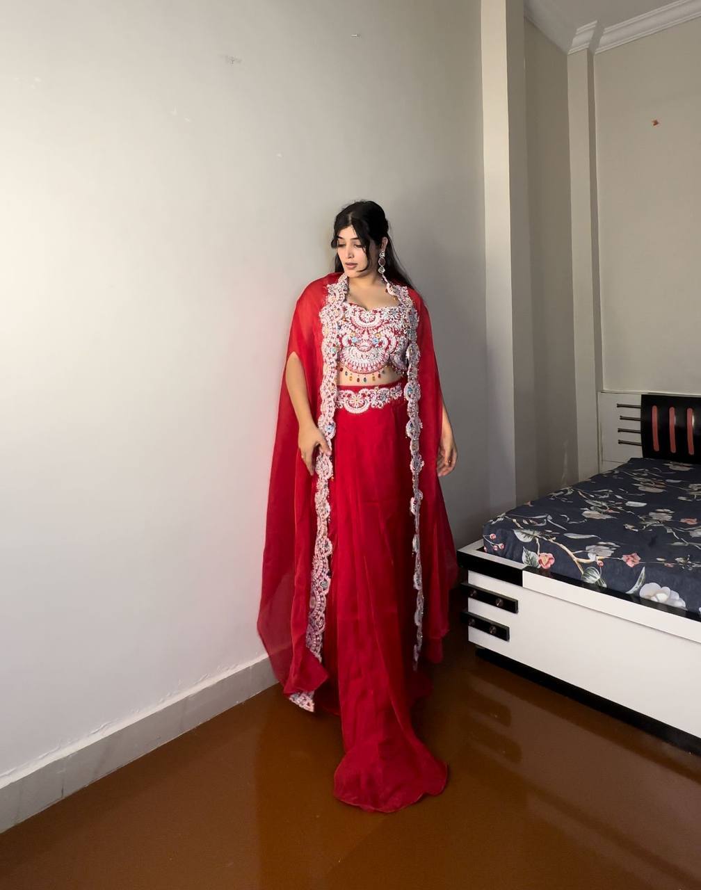 Designer red embroidered Indo-Western outfit, great for weddings and special occasions.