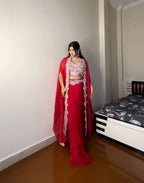 Designer red embroidered Indo-Western outfit, great for weddings and special occasions.