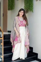 Designer three-piece Indo Western outfit, pink and cream, cording sequin embroidery