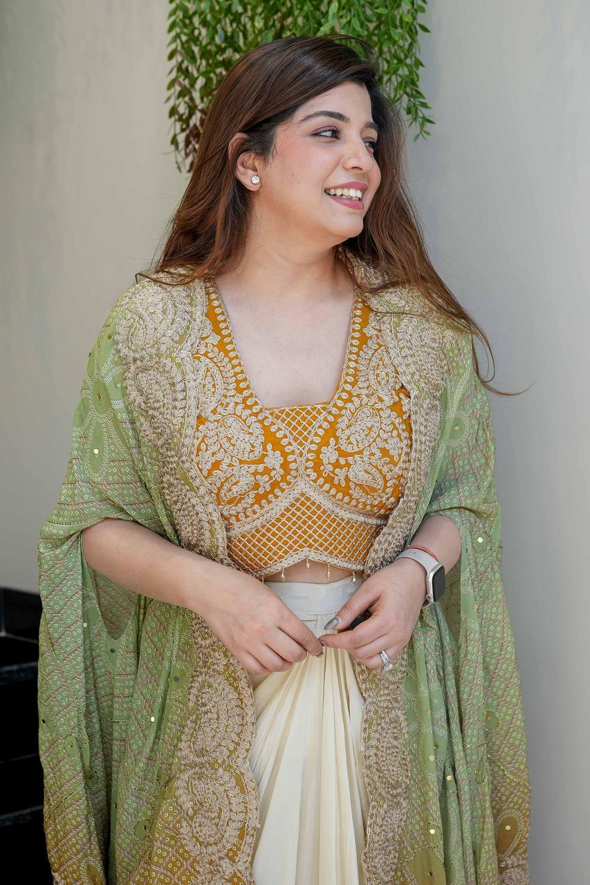 Sequence embroidered mustard Indo Western outfit with blouse, skirt, and shrug