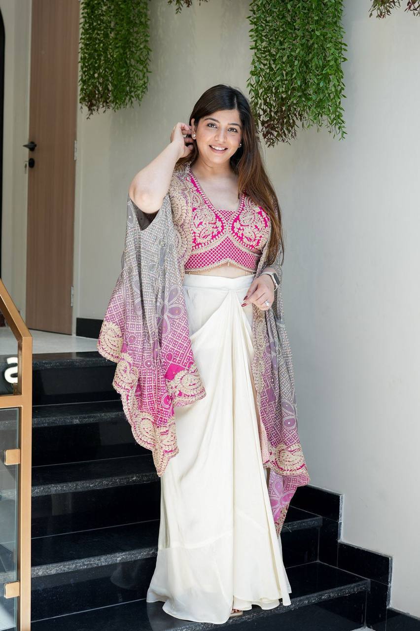 Stylish draped skirt, shrug, crepe silk, French crepe fabric, festive occasions