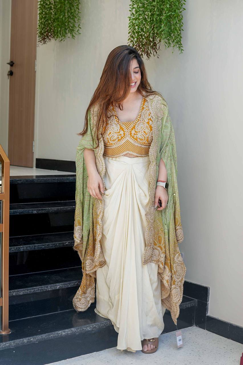 Elegant mustard Indo Western wedding outfit with heavy cording sequin embroidery