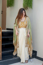 Elegant mustard Indo Western wedding outfit with heavy cording sequin embroidery
