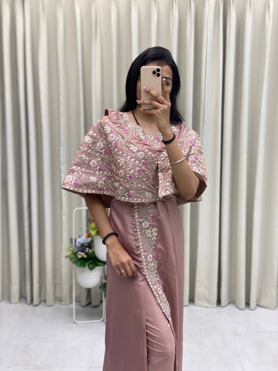 Elegant Dusty Rose Gown with Fancy Embroidery for Parties
