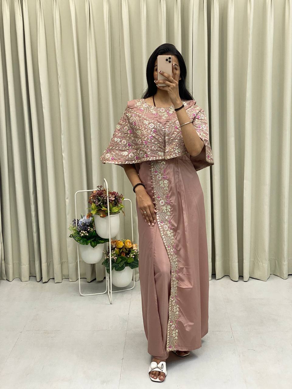 Elegant Dusty Rose Gown with Fancy Embroidery for Parties