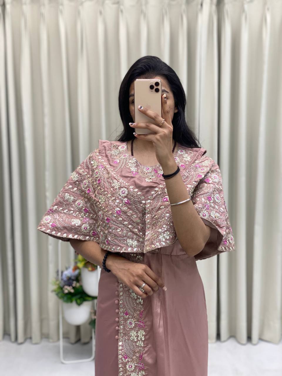 Elegant Dusty Rose Gown with Fancy Embroidery for Parties