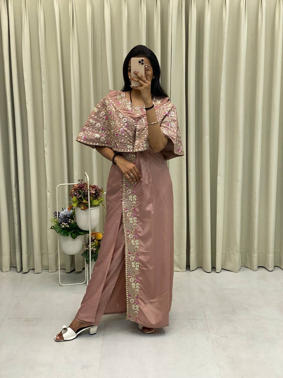Elegant Dusty Rose Gown with Fancy Embroidery for Parties