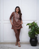 Elegant Dusty Rose Gown with Fancy Embroidery for Parties