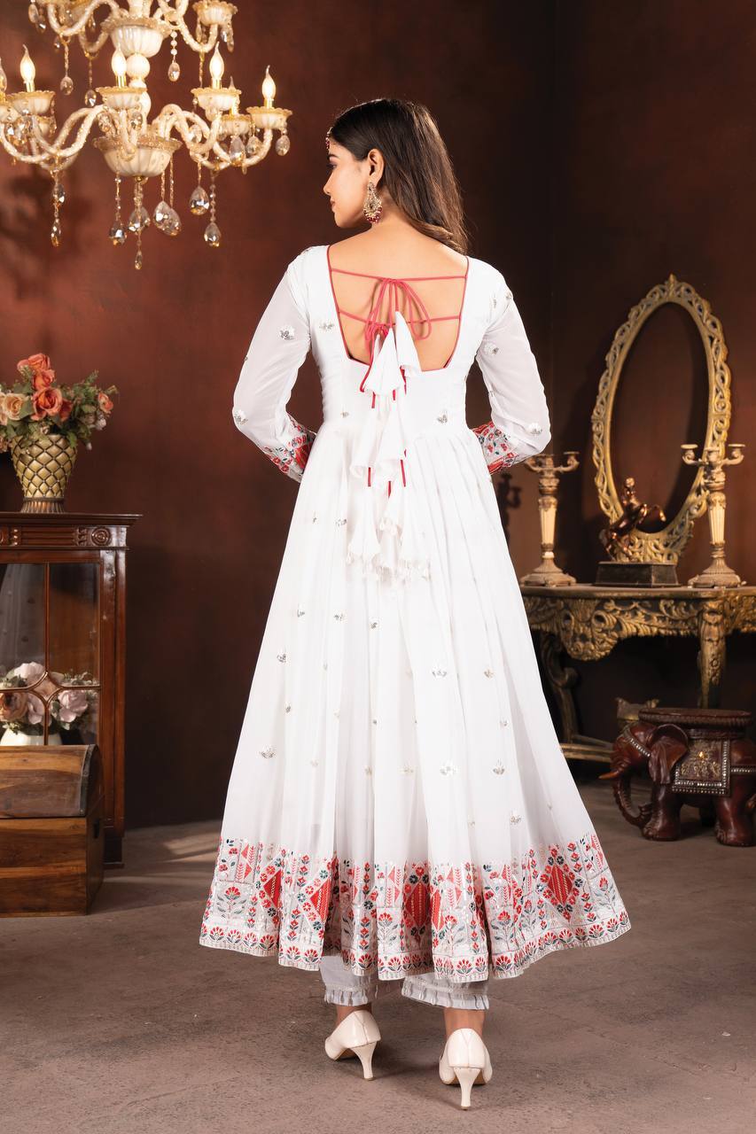 Full Sleeve White Embroidered Anarkali Suit – Perfect for Festive Functions