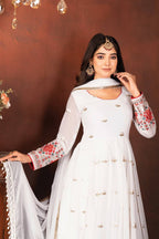 Elegant White Anarkali Dress with Heavy Embroidery – Festive Look for Women