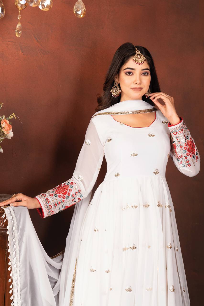 Elegant White Anarkali Dress with Heavy Embroidery – Festive Look for Women