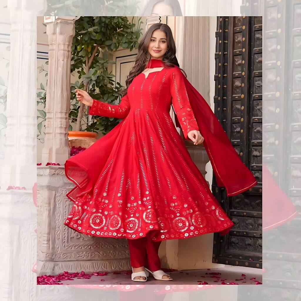 Red Georgette Anarkali Dress Set with embroidery for weddings and festive wear