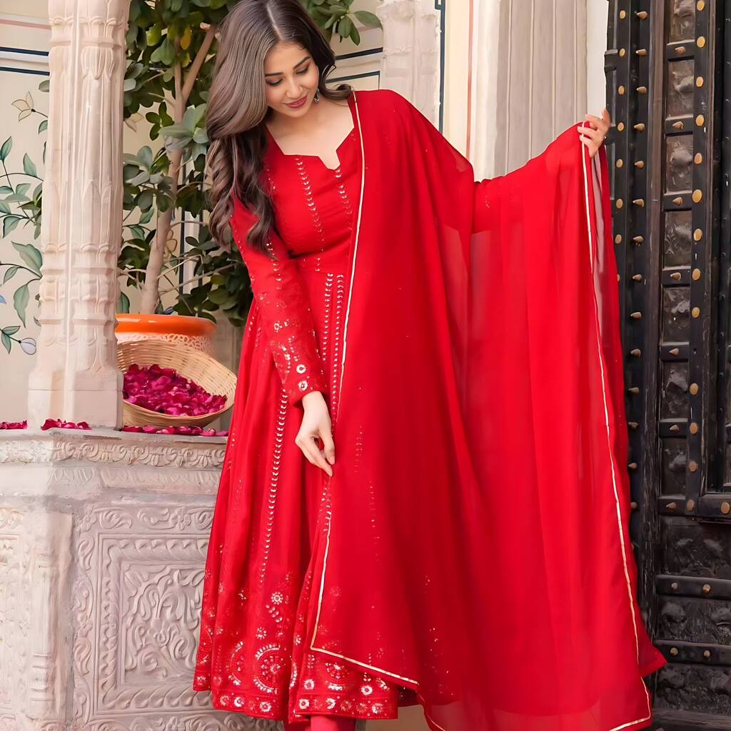 Designer red georgette embroidered Anarkali gown set for weddings and parties