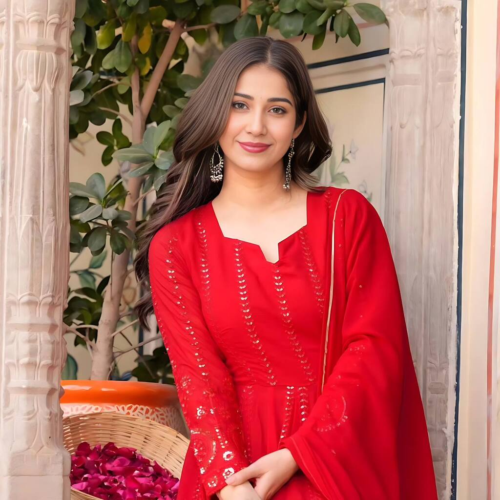 Festive red georgette Anarkali dress set with embroidery and matching dupatta








