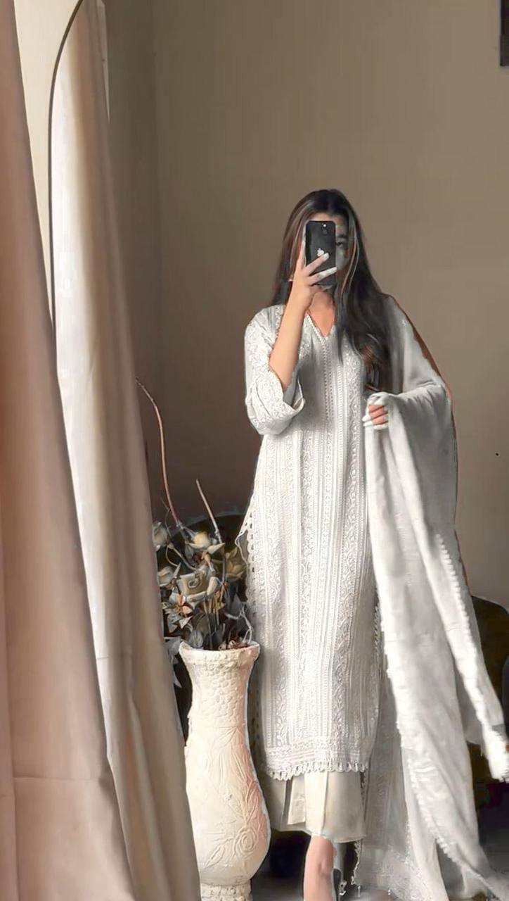 White Kurta Pant Set with Dupatta and Unique Work