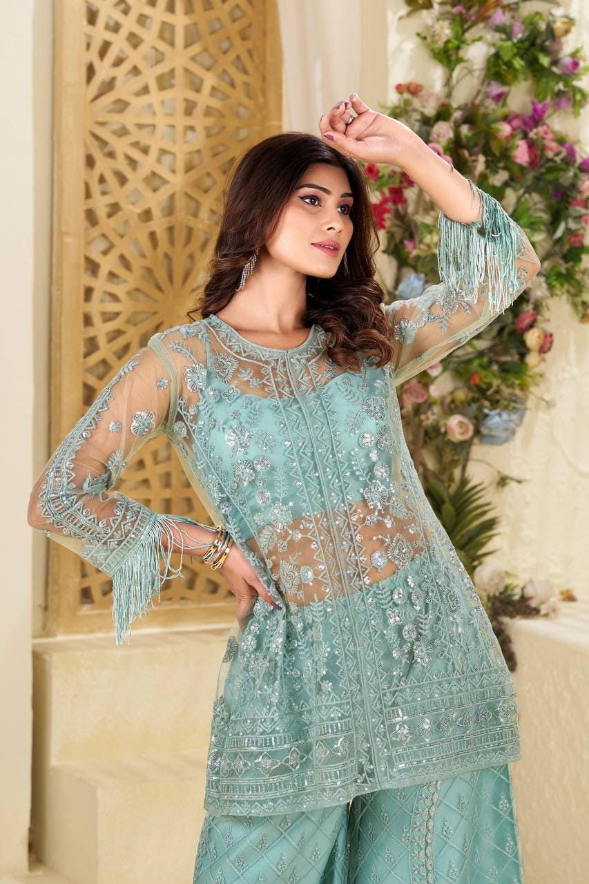 Partywear pastel green outfit – top, plazzo and blouse in net with sequin work