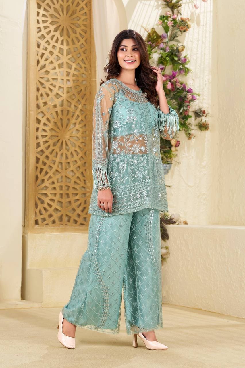 Butterfly net pastel green top and plazzo set – festive wear with blouse
