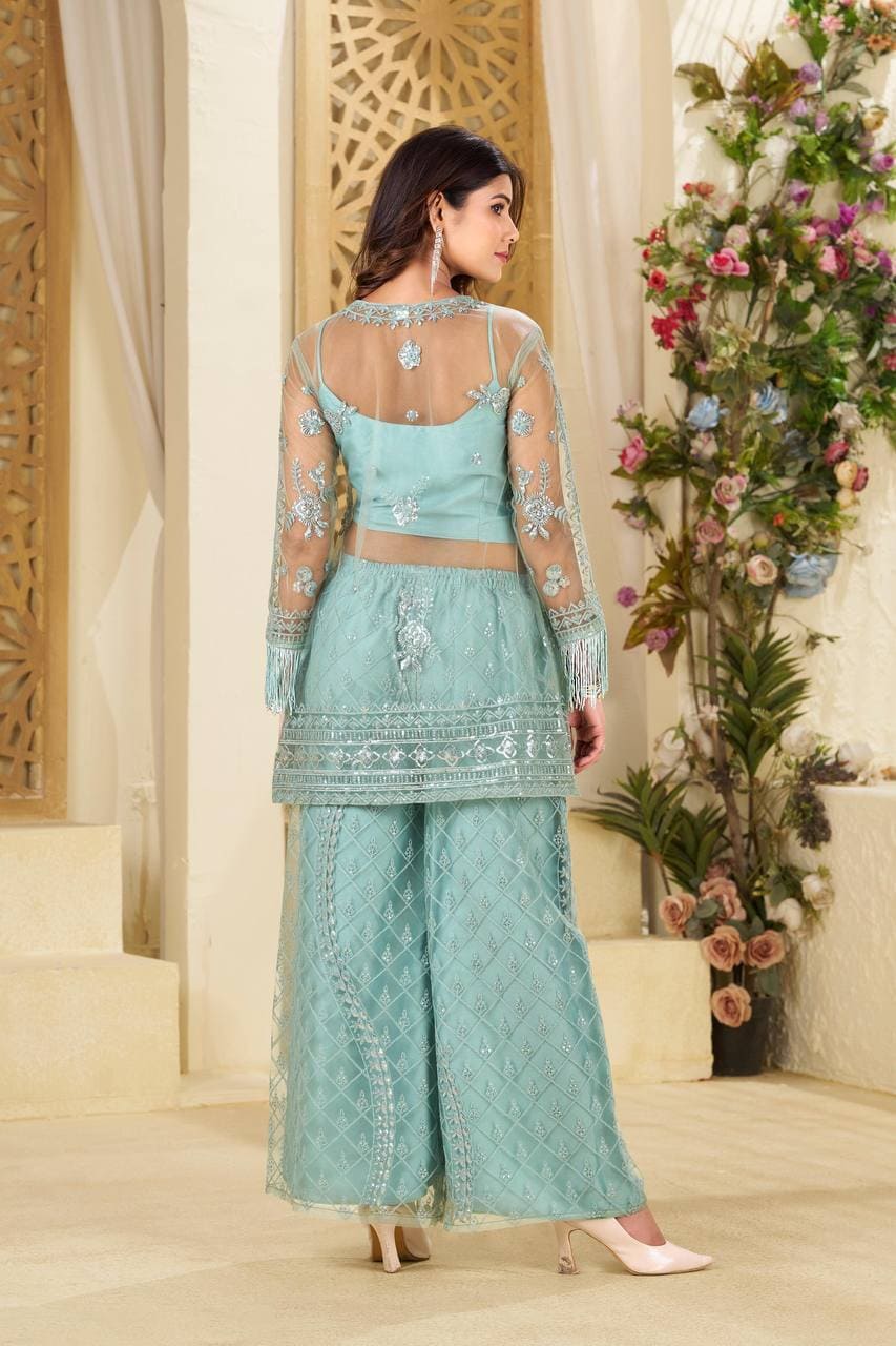 Pastel green partywear top with plazzo set and blouse in butterfly embroidery style