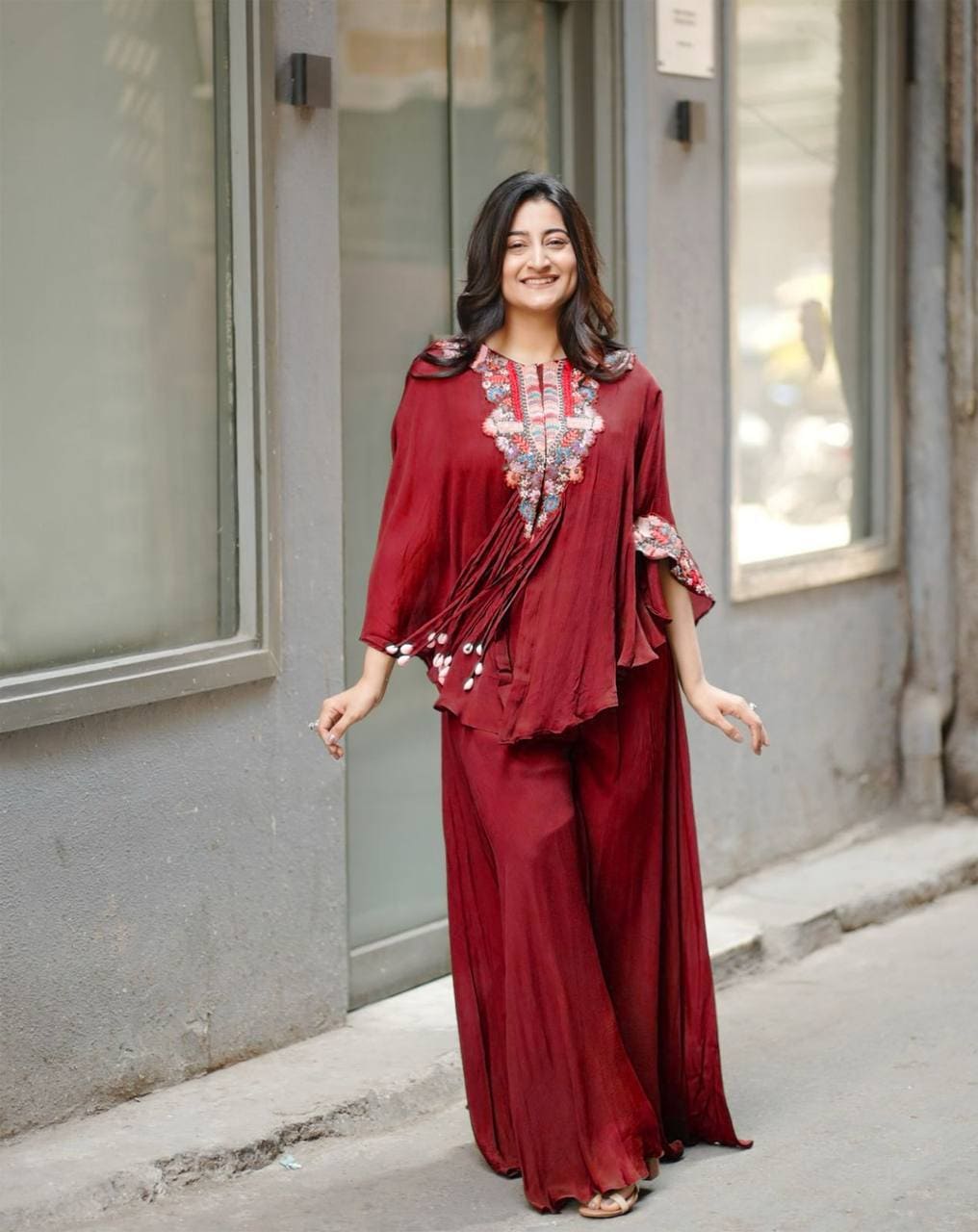 Elegant red three piece Indo Western outfit with embroidered top, blouse and plazzo
