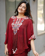 Red Indo Western wedding set for women featuring stylish blouse, plazzo and embroidered top