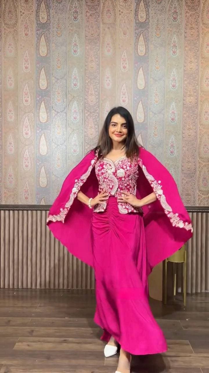 Trendy pink three piece Indo Western outfit for women with embroidered blouse and koti