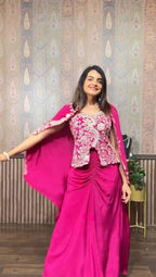 Pink Indo Western wedding wear for women featuring stylish koti, blouse and dhoti skirt