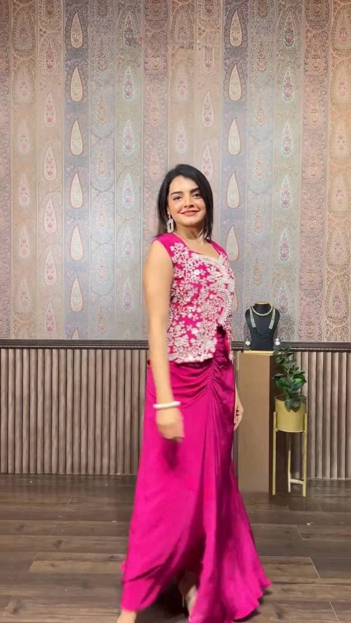 Stylish pink three piece ethnic outfit for women with long blouse, koti and dhoti style