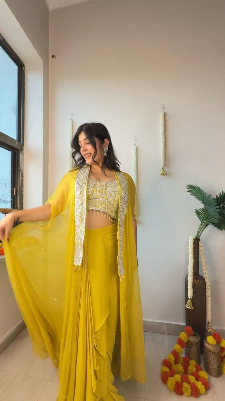 Elegant mustard three piece Indo Western outfit for women with dhoti, blouse and koti