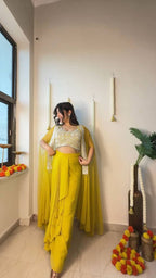 Stylish mustard Indo Western wedding dress for women with embroidered koti and dhoti