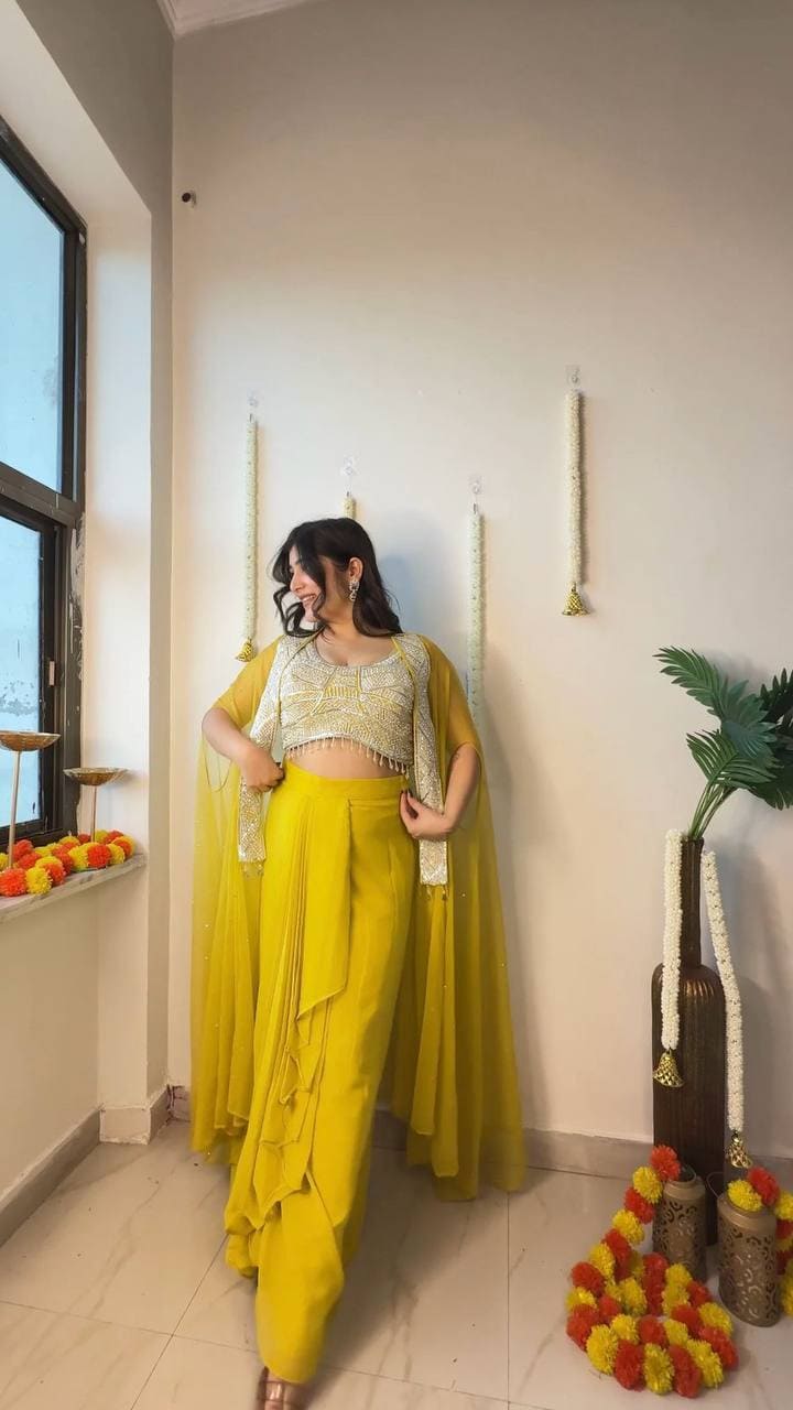 Stylish mustard Indo Western wedding dress for women with embroidered koti and dhoti