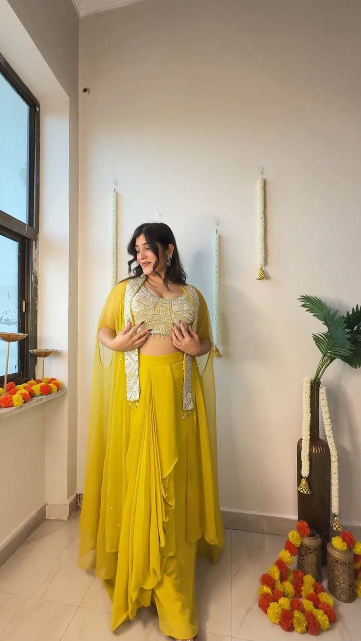 Three piece mustard Indo Western dress for women with stylish draped dhoti and koti