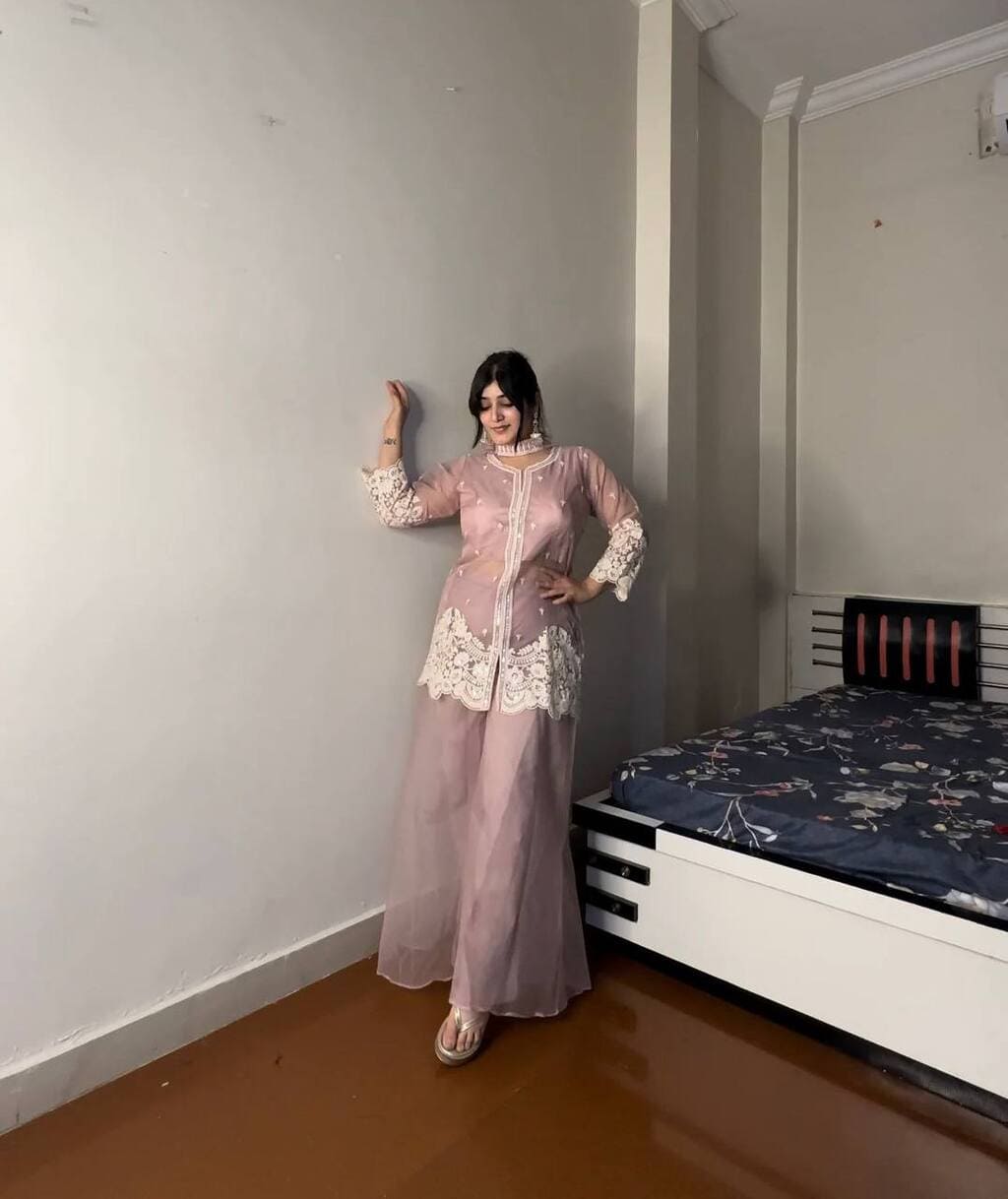 Light pink Indo Western four piece outfit for women for wedding and party wear